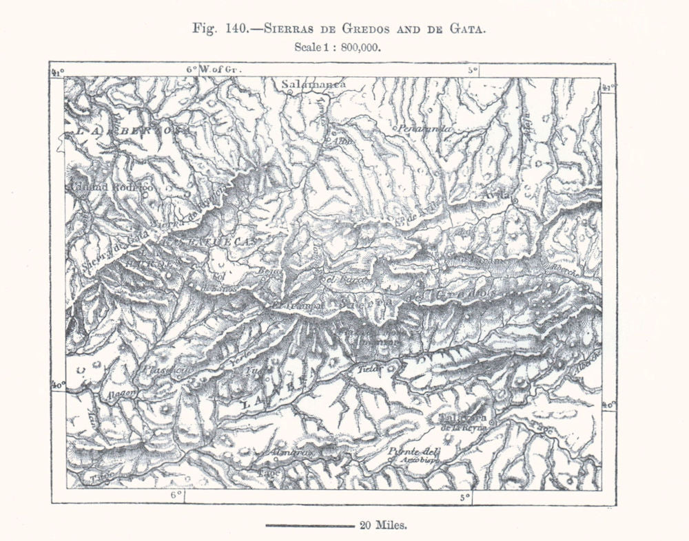 Sierras de Gredos and de Gata. Salamanca. Spain. Sketch map 1885 old